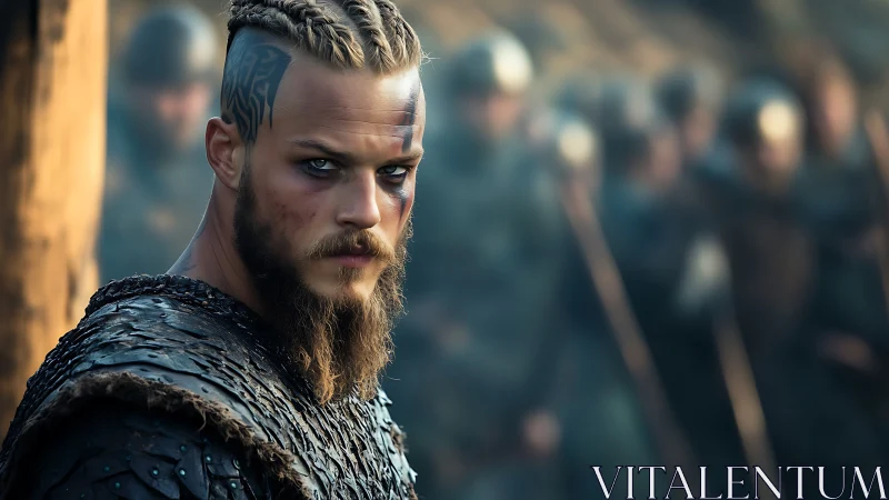 Brooding Viking warrior stands before his battle-ready horde