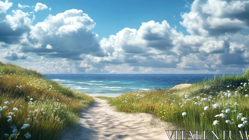 Coastal sand dune path to calm turquoise sea under cumulus sky