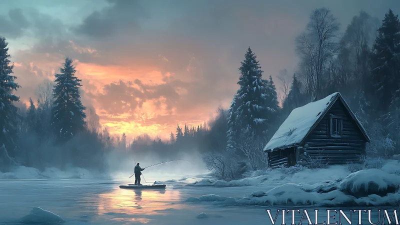 Winter river angler at sunrise beside snowbound log cabin.