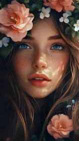 Young woman portrait framed by detailed flowers and leaves