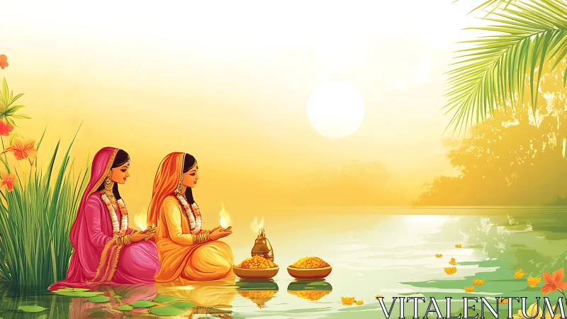 Two women in traditional attire praying by river, digital art.