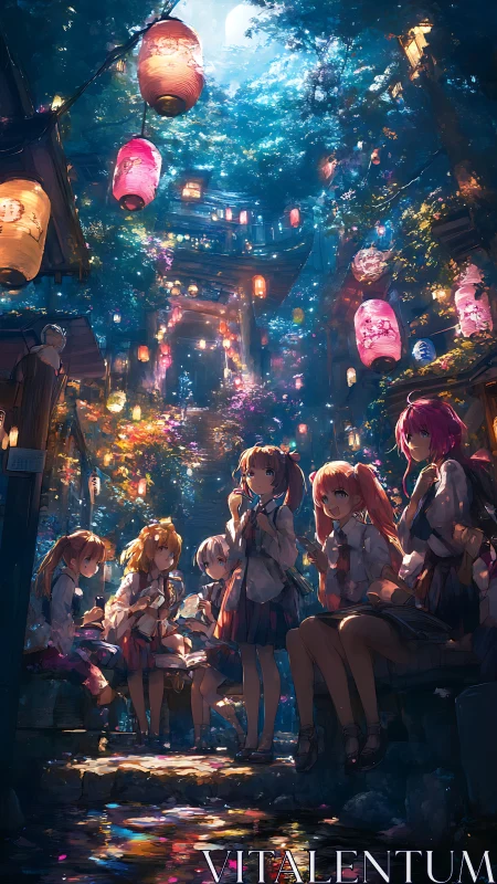 Lantern-lit schoolgirls gather in a dreamlike forest alleyway.