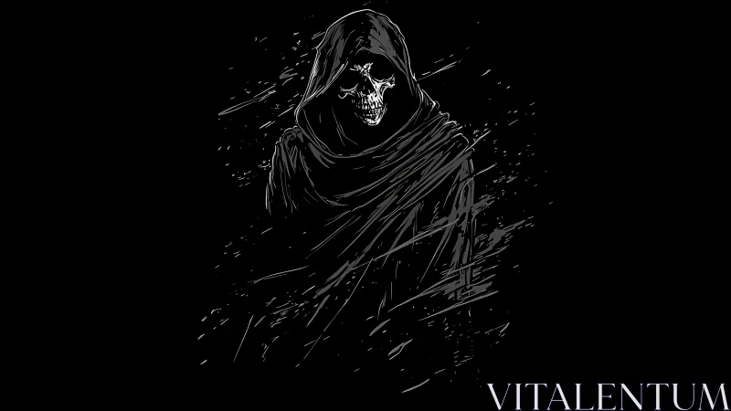 Hooded skeletal reaper emerges from darkness in stark lines.