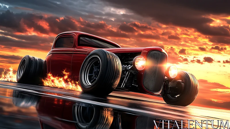 Flaming red hot rod drifts across reflective asphalt at sunset.