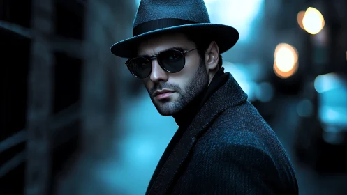 Mystery man in fedora walks through dim blue city street