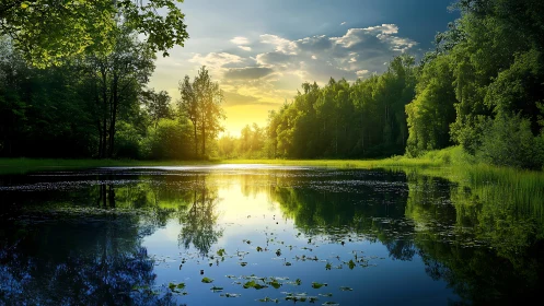 Quiet forest lake glowing under a soft golden sunset.