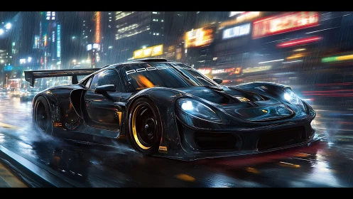 Cyberpunk hypercar night-race in neon-soaked megacity street scene.