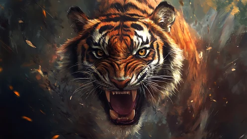 Snarling tiger portrait in dynamic painterly motion blur.