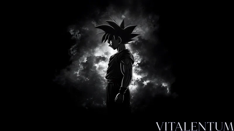 Silhouetted spiky haired warrior against dark storm cloud.