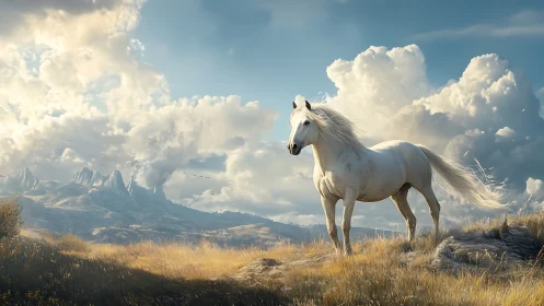 White stallion beneath towering storm-sculpted clouds.