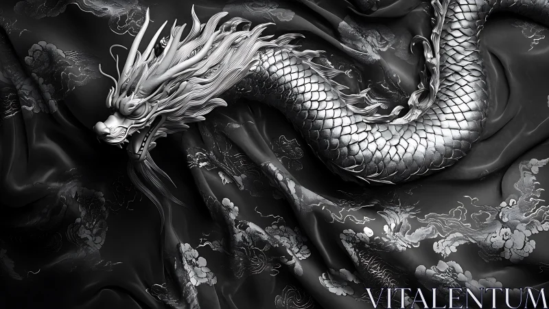 Chromed oriental dragon coils across embossed silk fabric