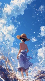 Boy in straw hat walking through surf under vast sky.