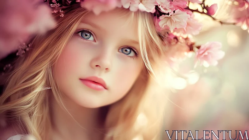 Ethereal Child Crowned in Blossoms, Azure Eyes Luminous.