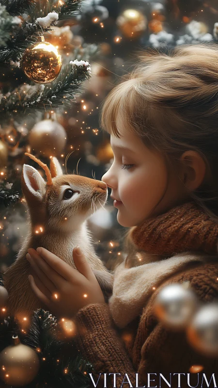 Photorealistic winter portrait of girl and tiny reindeer.