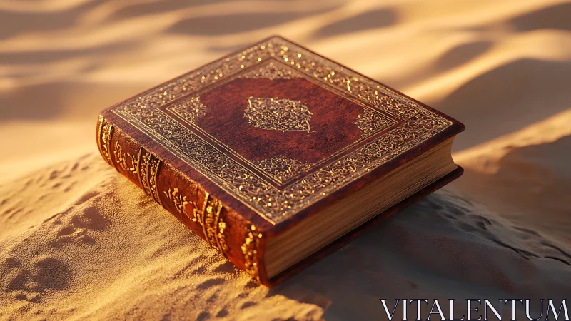 Photorealistic gilded tome on sunlit desert sand plane.