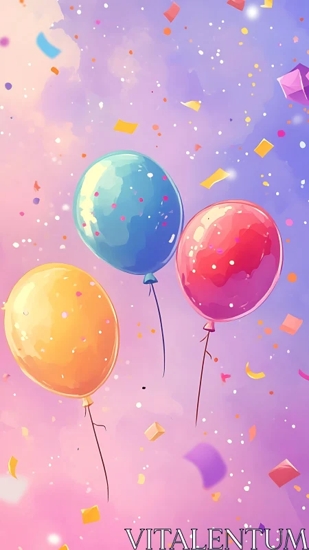 Colorful balloons floating in gradient purple sky with geometric confetti.