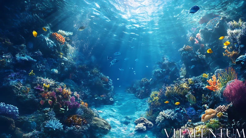 Sunlit coral reef canyon with vivid tropical marine life.