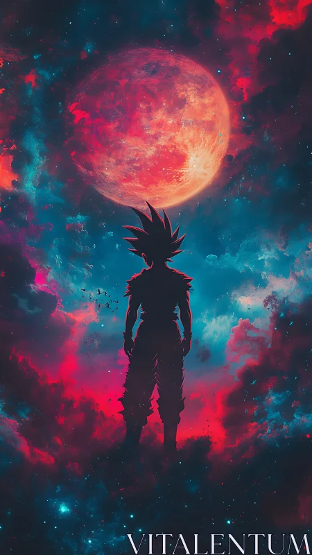 Cosmic warrior silhouette under crimson celestial moon.