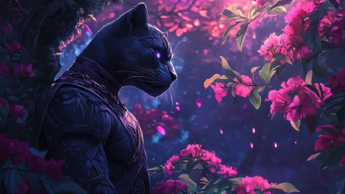 Neon Cat Among Magenta Blossoms in Cyberpunk Garden.