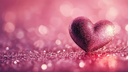 Sparkling pink heart rests amid dreamy glitter bokeh.