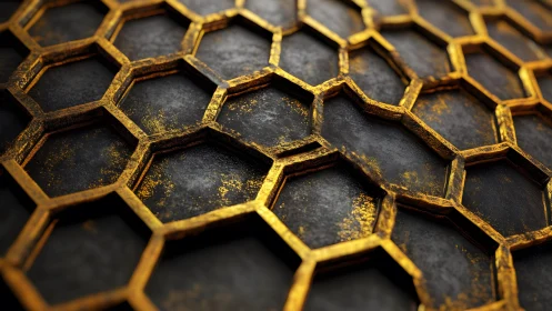 Abstract metallic honeycomb pattern with gold and black textures.