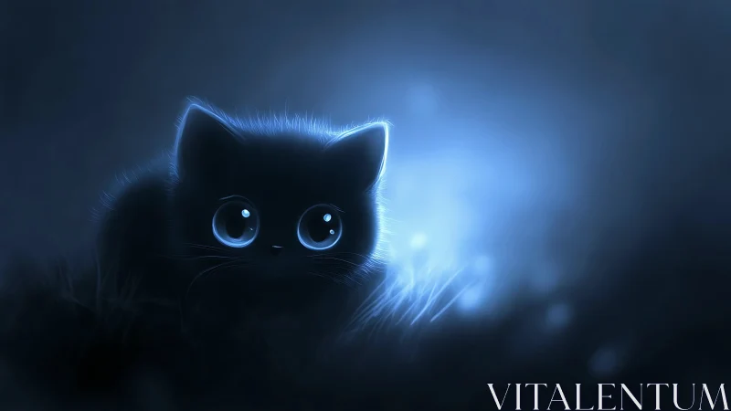 Black cat with luminescent blue eyes in dark environment.