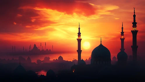 Digital painting of mosque silhouettes at radiant sunset skyline.
