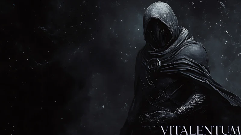 Hooded dark figure in armor against abstract void backdrop.