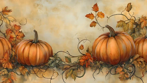 Textured botanical still life of pumpkins with autumnal vines.