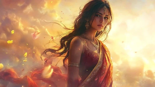 Sunlit sari goddess strides through swirling golden skies