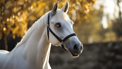White horse glows softly against warm autumn bokeh light