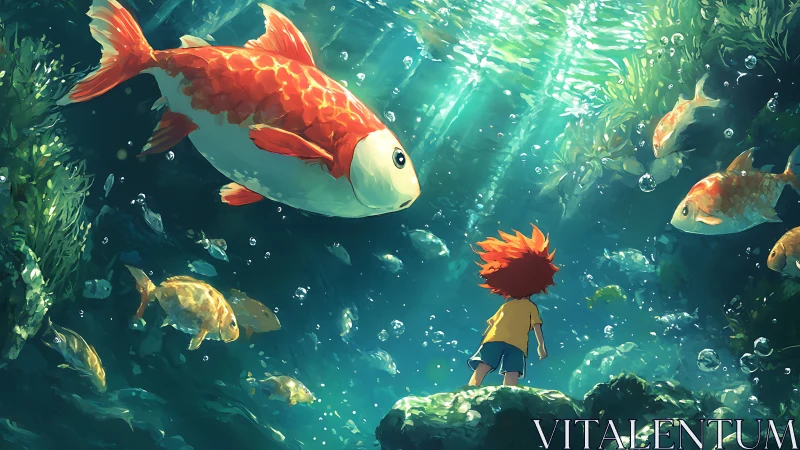 Child observing oversized koi fish in underwater environment.