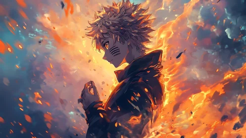 Fiery anime profile portrait amid swirling embers and clouds