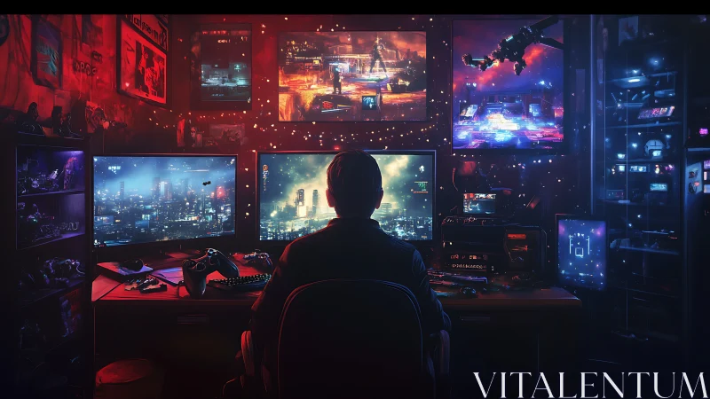 Cyberpunk command workstation in neon-lit gaming studio.