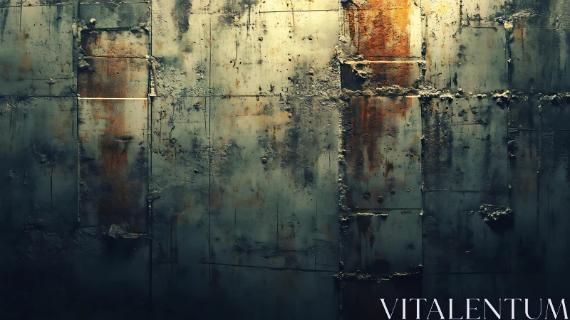 Weathered industrial metal wall with rust in moody lighting.