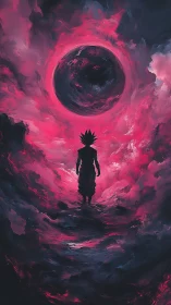 Silhouetted figure beneath dark sphere in red cloud vortex.