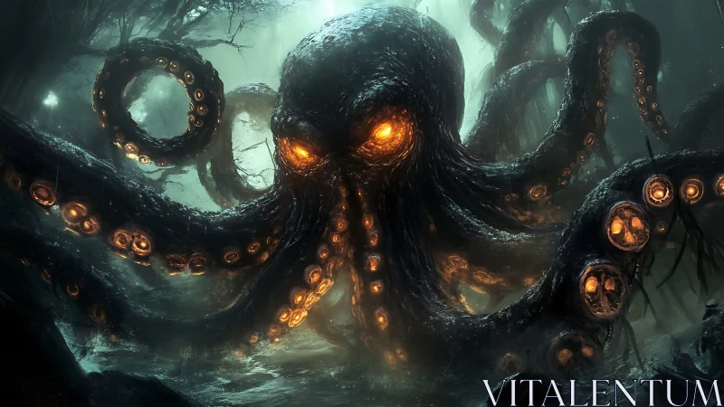 Eldritch abyssal kraken surges through bioluminescent fog.