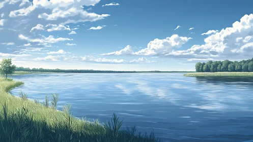 Serene riverside panorama under drifting summer clouds.