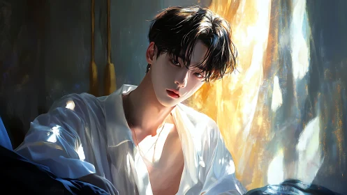 Sunlit stranger leans into molten dawn and shadowed hush.