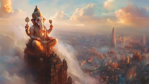 Divine Ganesh statue above luminous cloud-wrapped cityscape.