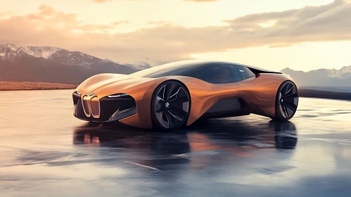 Futuristic copper sports car glides over reflective wet runway