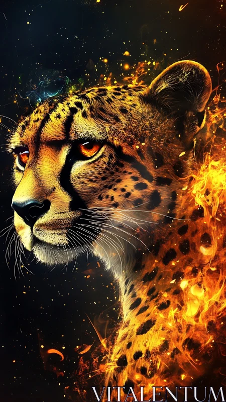 Cheetah portrait dissolves into incandescent fire particles