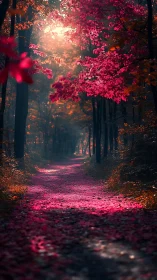 Chromatic Woodland Path: Cinematic Forest Canopy with Magenta Foliage Backlighting