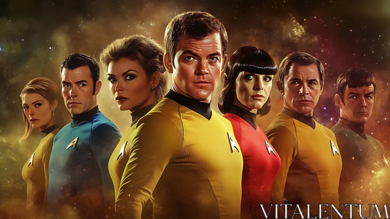 Seven uniformed space officers stand in a glowing nebula background