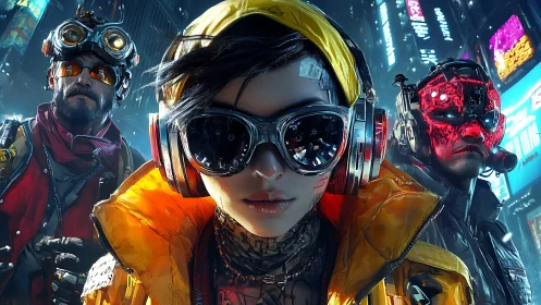 Neon street hackers stride through chrome-lit cyber alleyways.