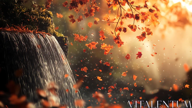 Golden autumn waterfall wrapped in drifting scarlet leaves.