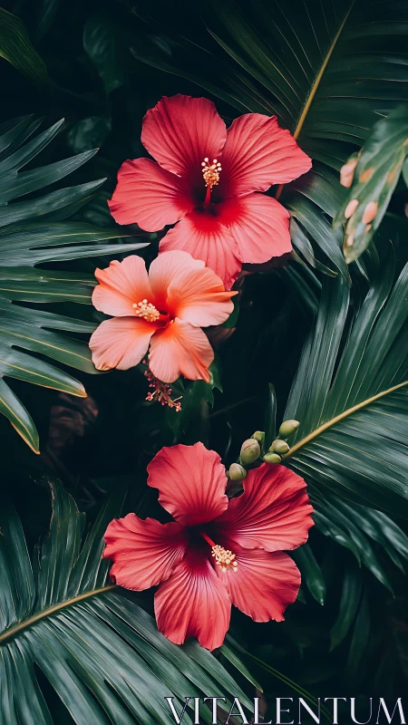 Red Hibiscus Flowers with Tropical Foliage.