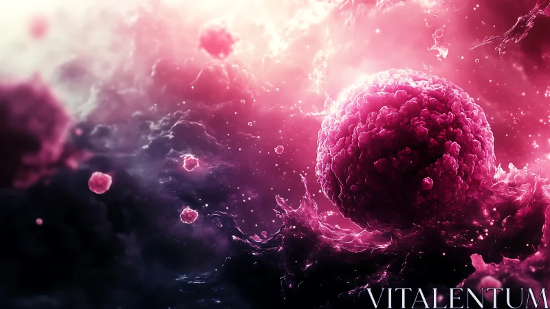 Cosmic cellular sphere in luminous magenta nebular field.