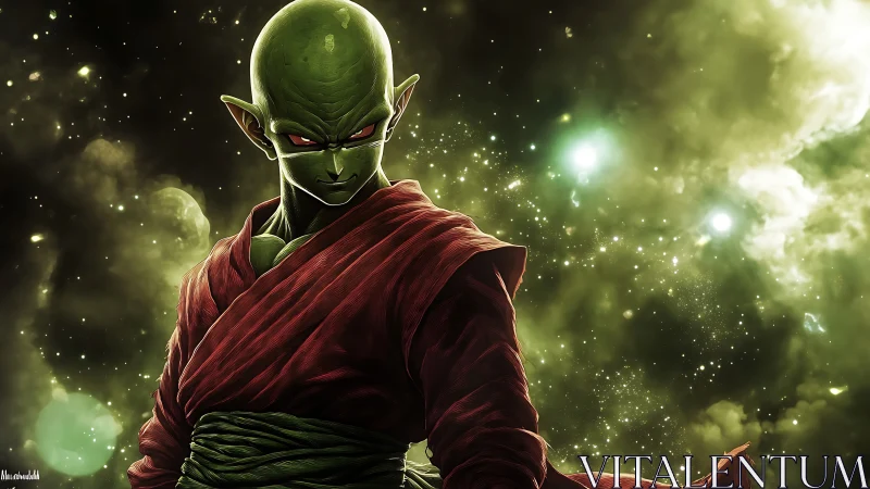 Planetary warrior silhouette amid luminous nebular ionization.