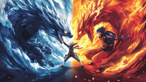 Elemental warriors confront opposing dragon spirits in battle